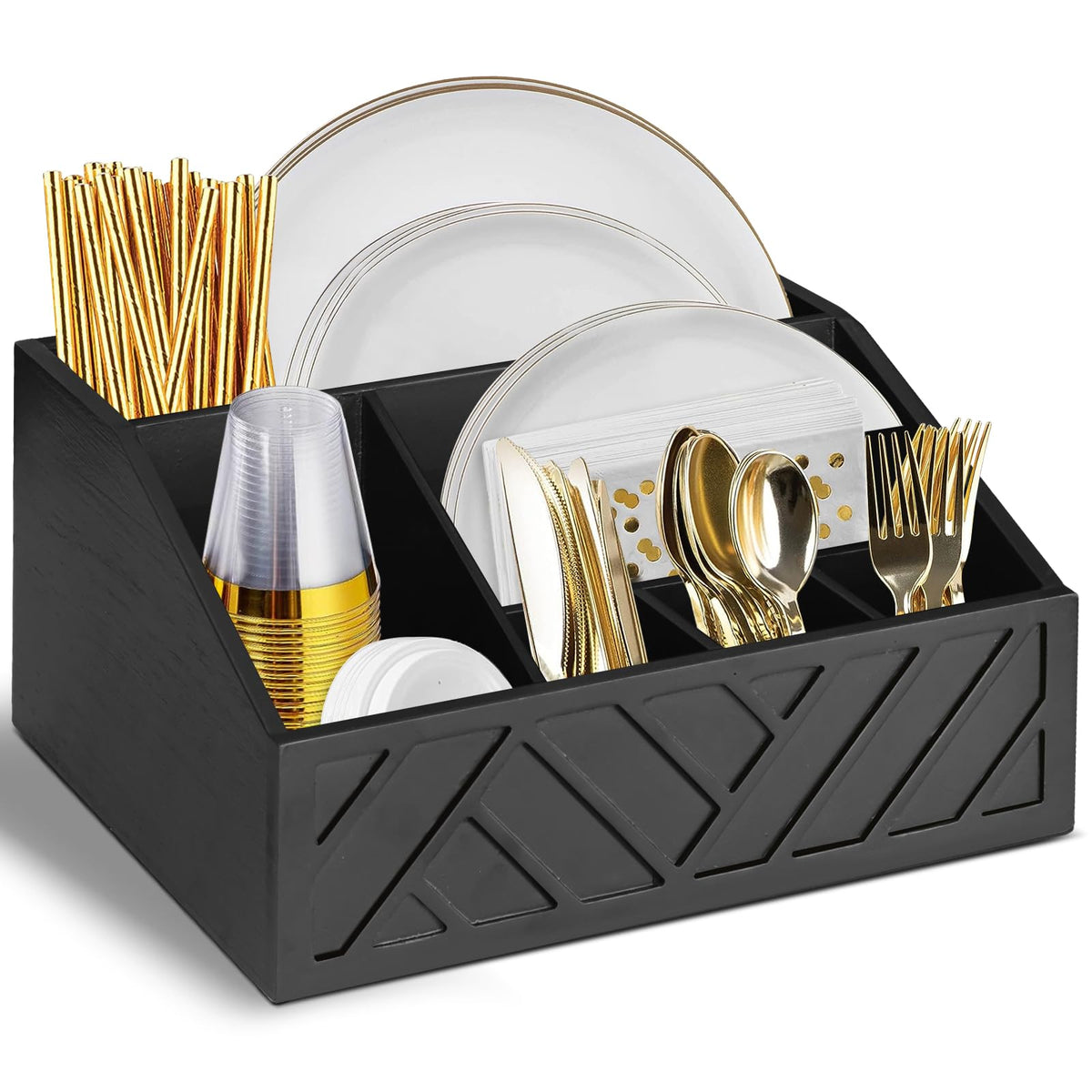 Ukonvi Paper Plate Dispenser and Holder for Kitchen Counter, Wood Rustic Silverware Utensil Caddy, Cutlery Flatware Organizer Box for Cups Spoons Forks Napkins, Kitchen Accessories