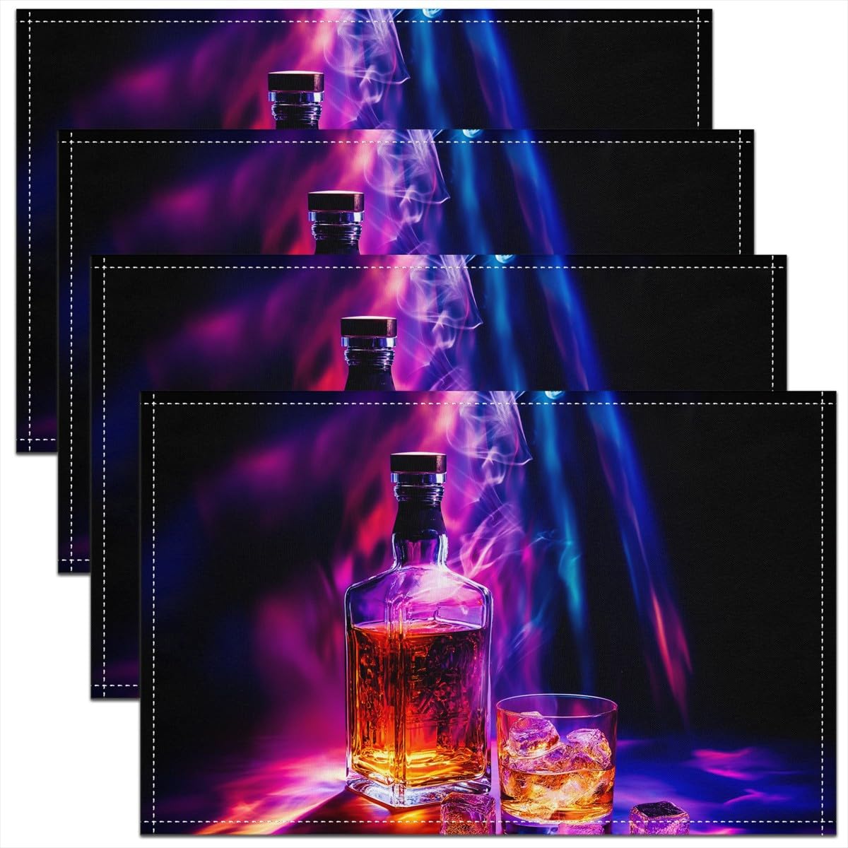 Whisky Placemats for Dining Table,Bar Wine Time Whisky Ice Glass Waterproof Table Place Mat for Party Decor,Rustic Brown Wooden Plank Retro Farmhouse 12"x18" Indoor Table Mats Set of 4