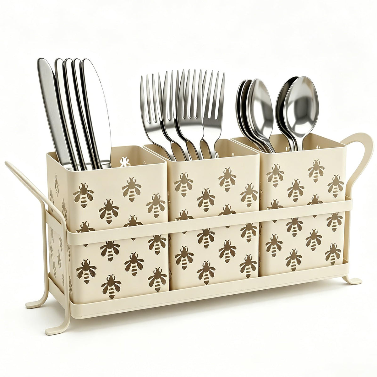 Silverware Holder with Bee Design, Metal Utensil Caddy with Handles