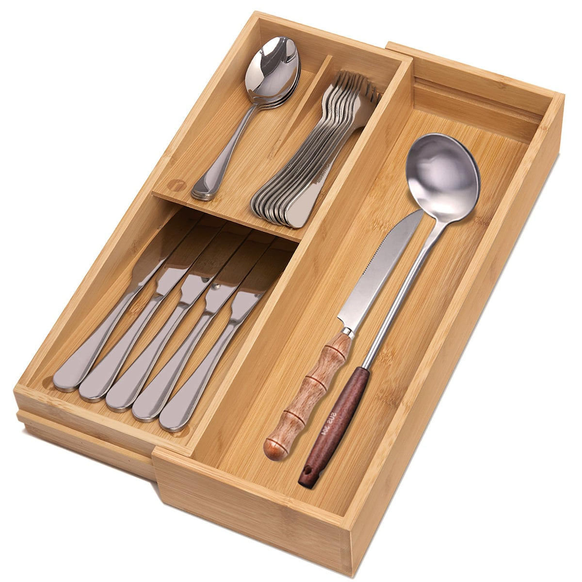 guiogc Bamboo Silverware Drawer Organizer, Kitchen Small Silverware Organizer, Utensil Tray Holder, Cutlery Tray for Spoons, Forks, Knives, Suitable for a family of 2-4