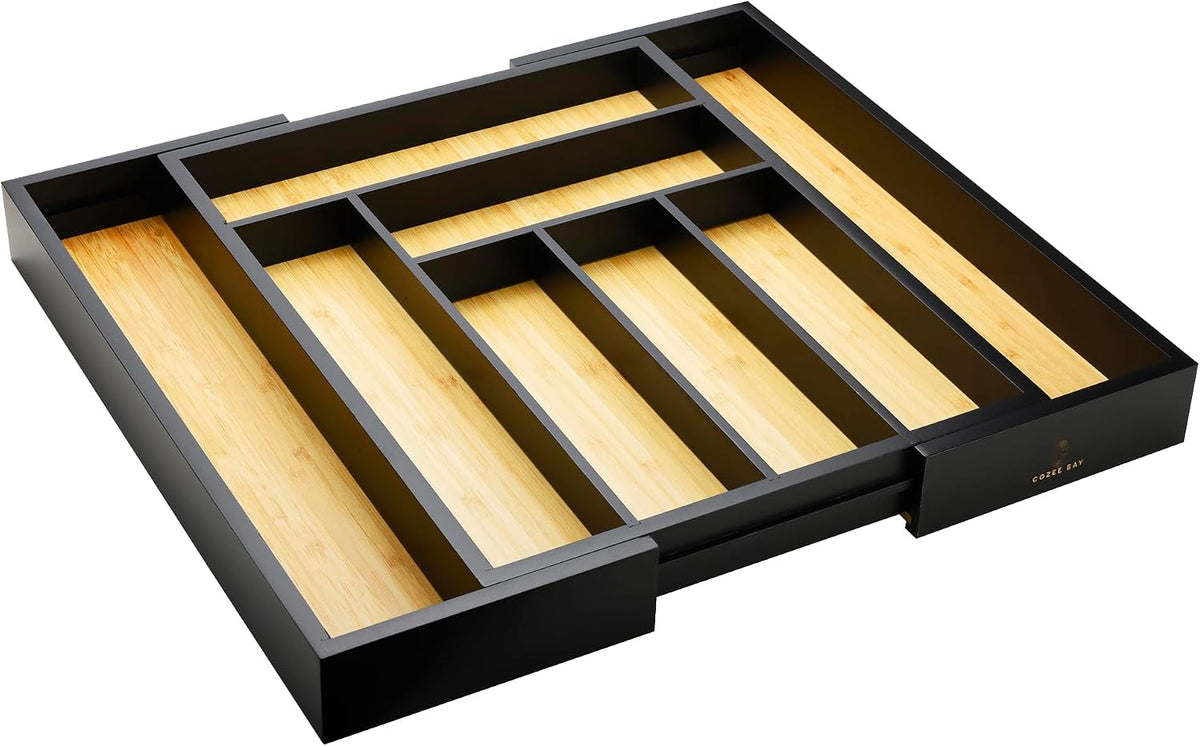 Bamboo drawer organizer, utensil holder, silverware organizer, and adjustable cutlery tray with drawer dividers, for kitchen, office desk, and bathroom storage (Black)