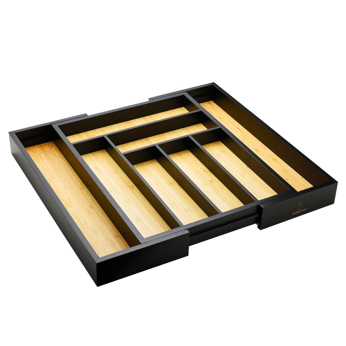 Bamboo drawer organizer, utensil holder, silverware organizer, and adjustable cutlery tray with drawer dividers, for kitchen, office desk, and bathroom storage (Black)