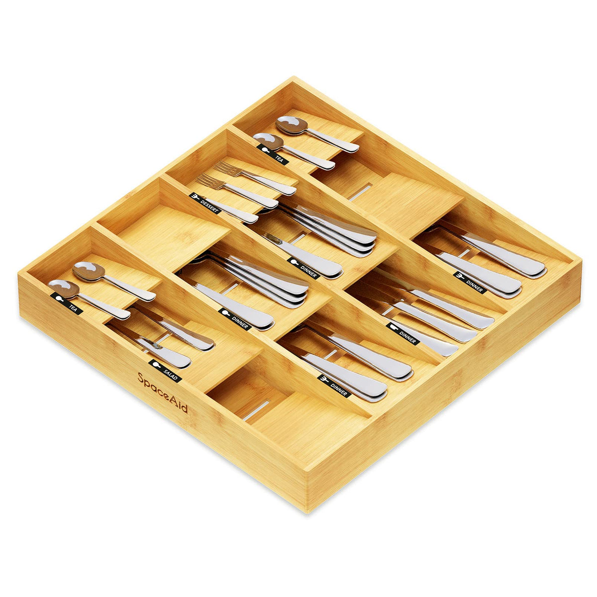 SpaceAid Bamboo Silverware Drawer Organizer with Labels, Kitchen Utensil Tray Holder Organizer for Flatware, Cutlery, Spoon and Knives Drawer Storage Organization (Natural, 6 Slots)