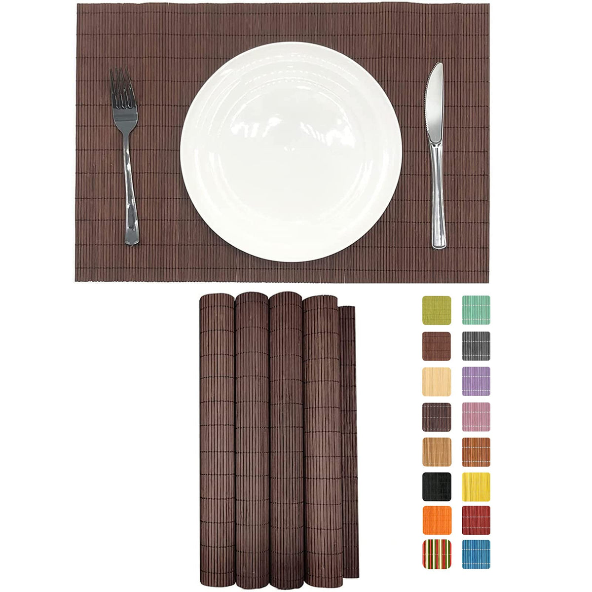 Non-Slip Bamboo Placemats Set of 6, 17.7x11.8 Inch - Heat Resistant & Easy-Clean, Natural Woven Table Mats for Daily Dining, Family Meals or Home Decor (Brown)