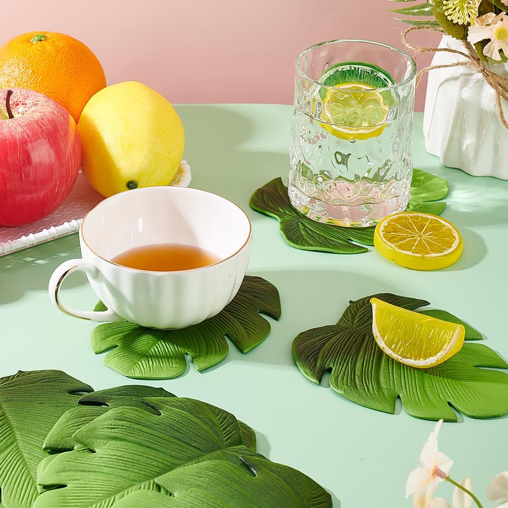 AHANDMAKER 6 PCS Green Monstera Leaves Coasters Jungle Plant Coasters Imitation Plants Coasters for Drinks Coffee Place Mats for Housewarming Home Decor