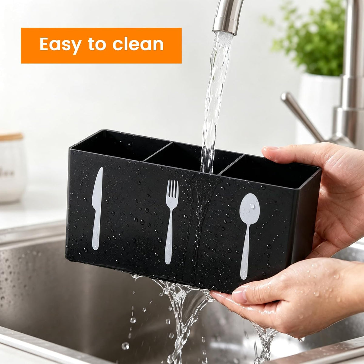 Silverware Holder, 3-Section Countertop Organizer, Black