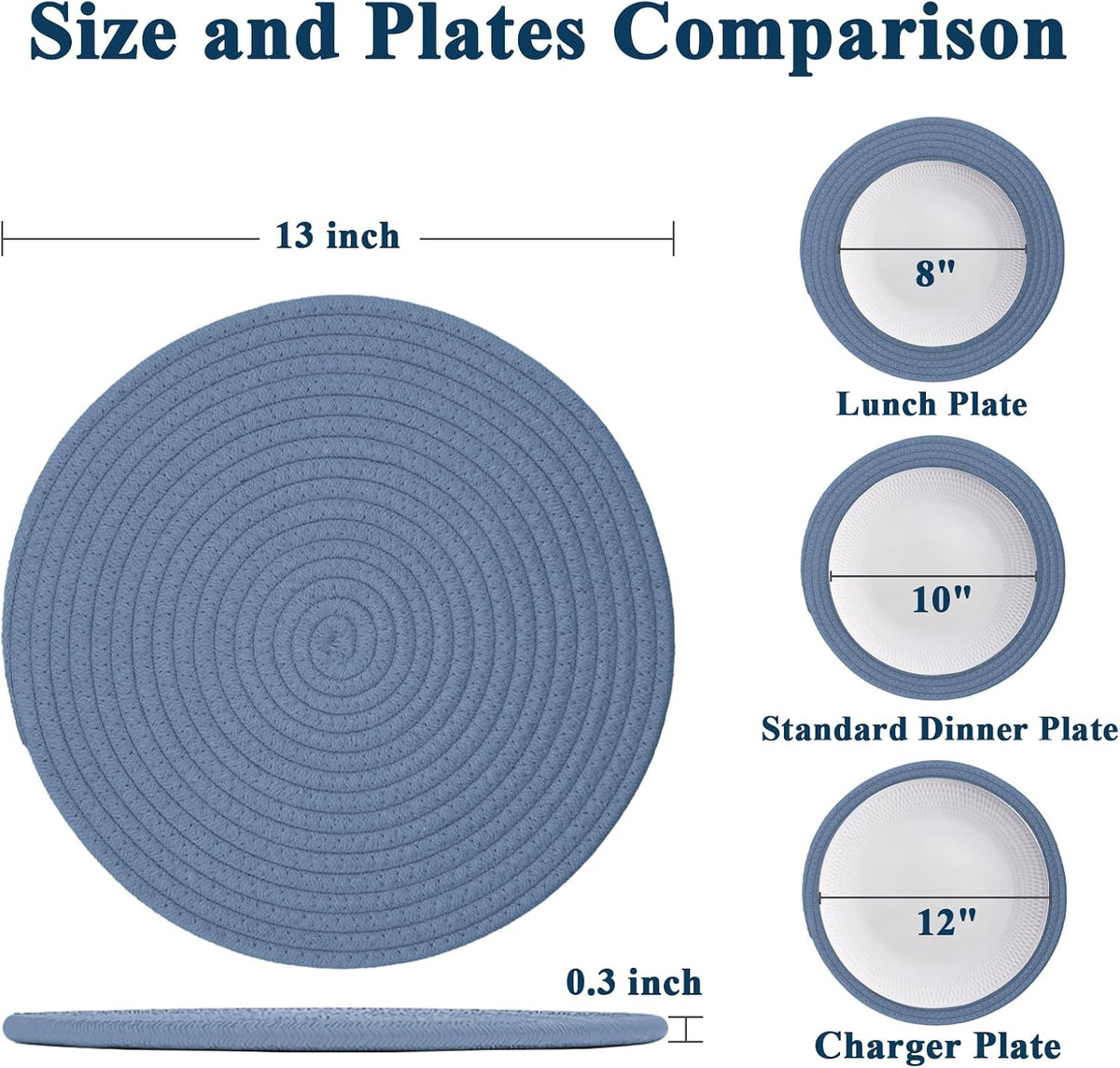Round Woven Cotton Placemats Set of 4, Thick Braided Rope Table Mats, 13 Inches Non Slip Heat Resistant Place Mats, Farmhouse Boho Circular Hot Pads for Kitchen, Dining Table Decor (Blue 4 pcs)