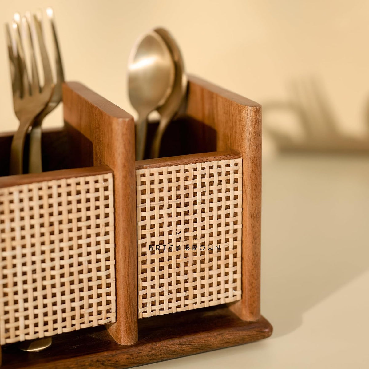 Brick Brown ® Premium Wooden Nora Cutlery Holder Spoon Stand for Kitchen | Cutlery holder for Dining table | Wooden Caddy Storage Organiser Stand with 3 Section Caddy Holder (8.4x4x4.7 inch)