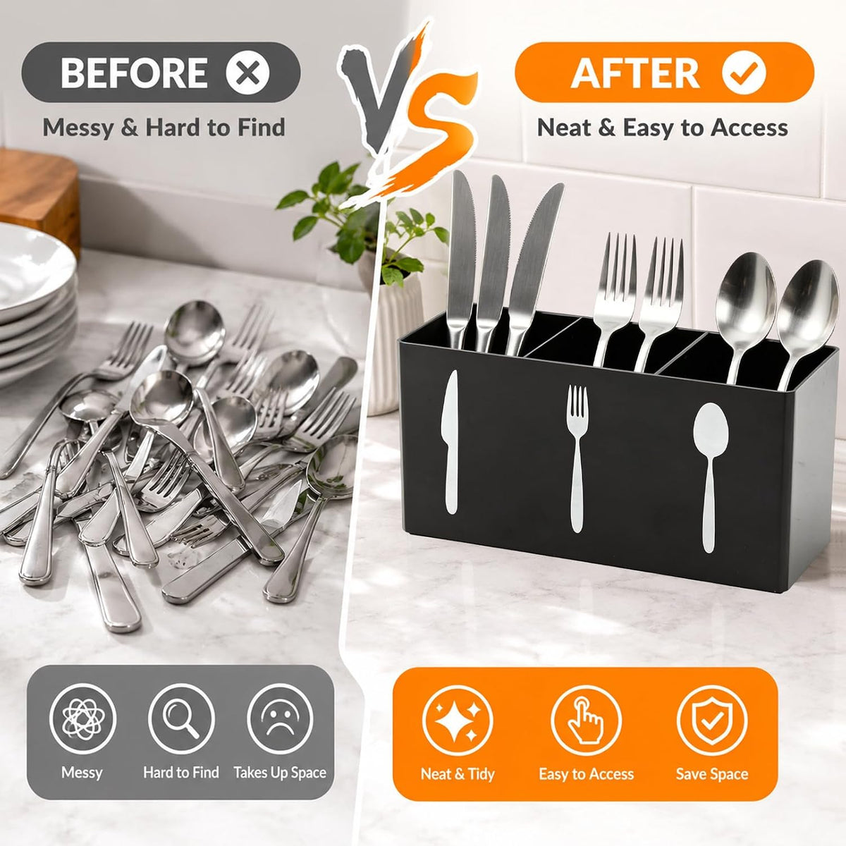 Silverware Holder, 3-Section Countertop Organizer, Black