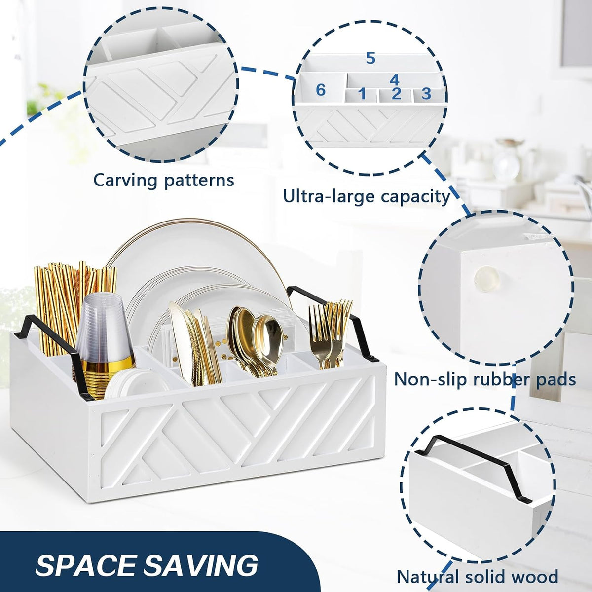 Ukonvi Paper Plate Dispenser and Holder for Kitchen Counter, Wood Rustic Silverware Utensil Caddy, Cutlery Flatware Organizer Box for Cups Spoons Forks Napkins, Kitchen Accessories