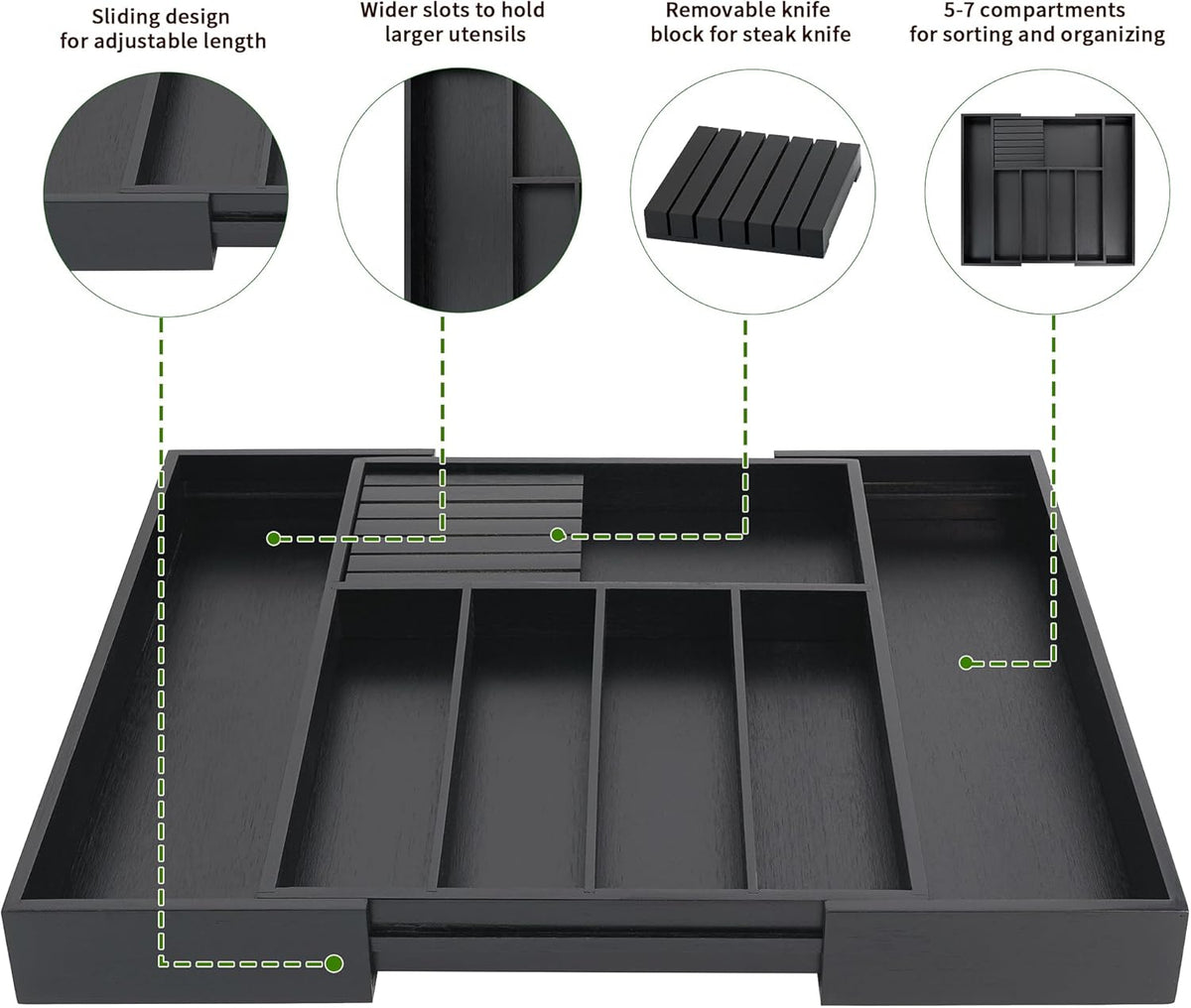 VaeFae Bamboo Silverware Drawer Organizer, 7 Slots, Black