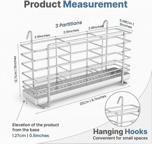 KESOL 304 Stainless Steel Utensil Holder Drying Rack with Hooks, 2x8.7x5