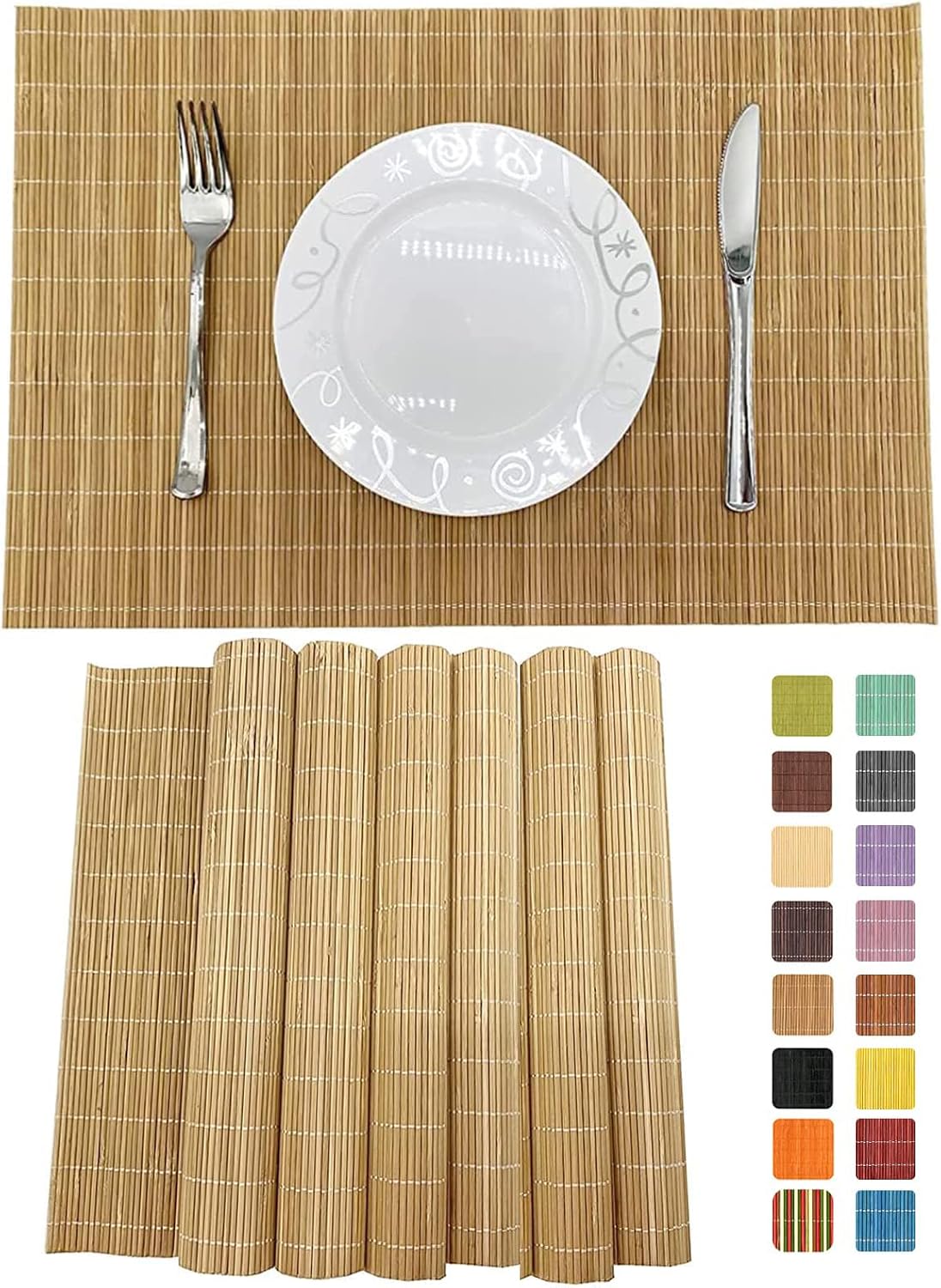 Non-Slip Bamboo Placemats Set of 6, 17.7x11.8 Inch - Heat Resistant & Easy-Clean, Natural Woven Table Mats for Daily Dining, Family Meals or Home Decor (Brown)