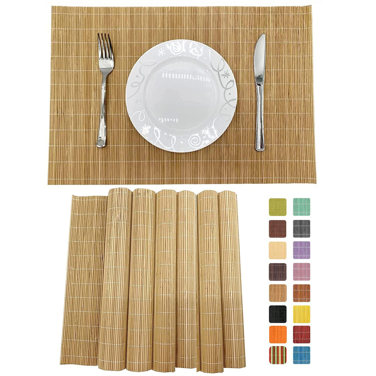 Non-Slip Bamboo Placemats Set of 6, 17.7x11.8 Inch - Heat Resistant & Easy-Clean, Natural Woven Table Mats for Daily Dining, Family Meals or Home Decor (Brown)