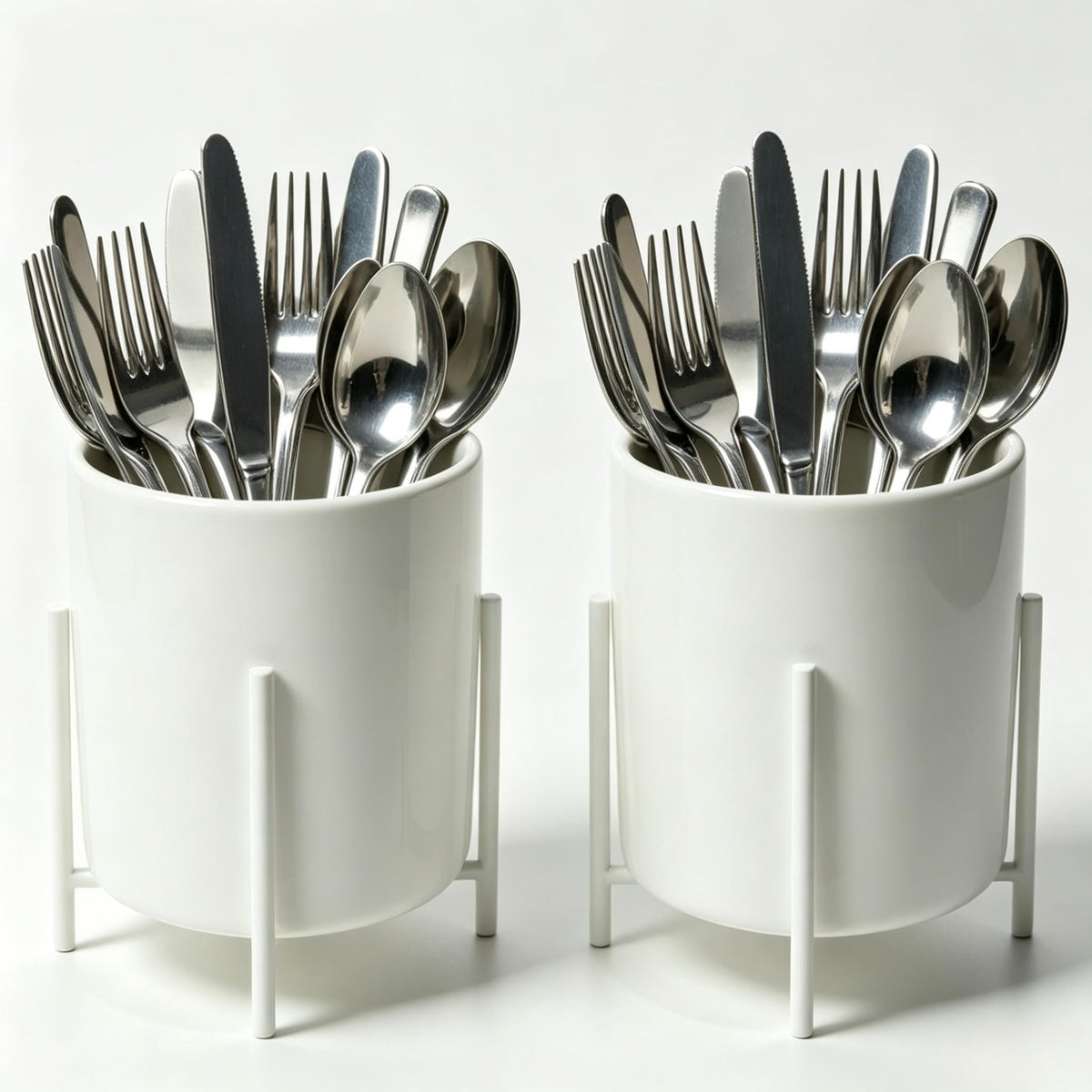 2pcs Sturdy Cutlery Holder White Ceramic With Metal Bracket Robust Silverware Caddy For Countertop - Spoon Holder Silverware Caddy