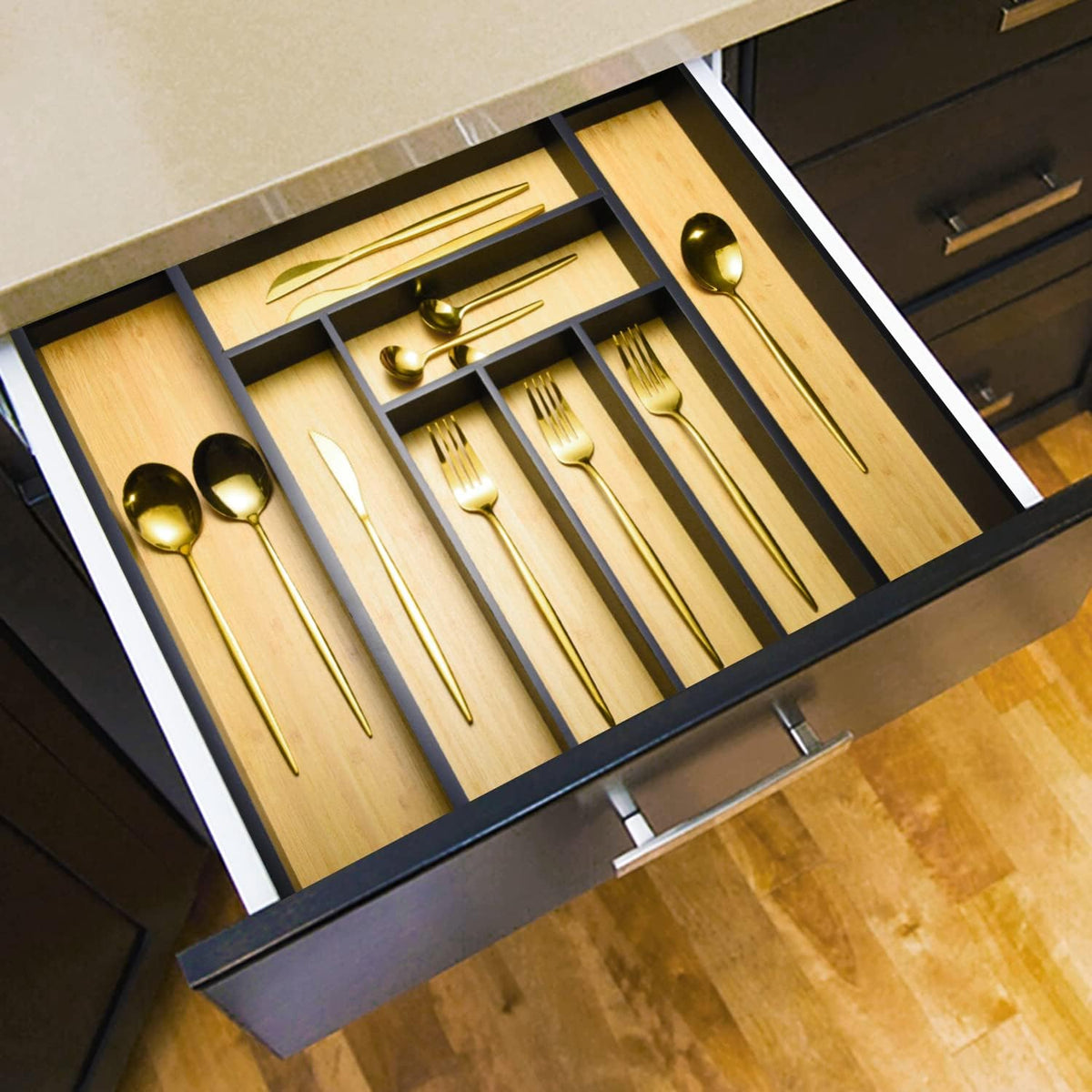 Bamboo drawer organizer, utensil holder, silverware organizer, and adjustable cutlery tray with drawer dividers, for kitchen, office desk, and bathroom storage (Black)