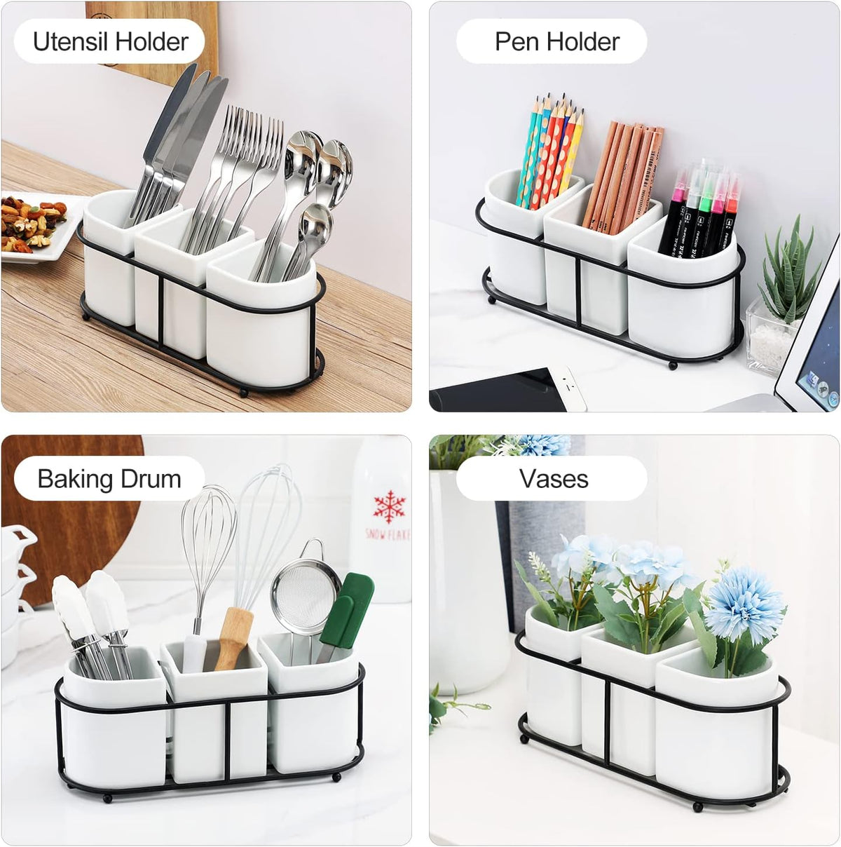 Buyajuju 3 Piece Porcelain Flatware Holder Caddy with Metal Rack,Utensil Holder Caddy For Spoons, Knives and Forks Cutlery Organizer