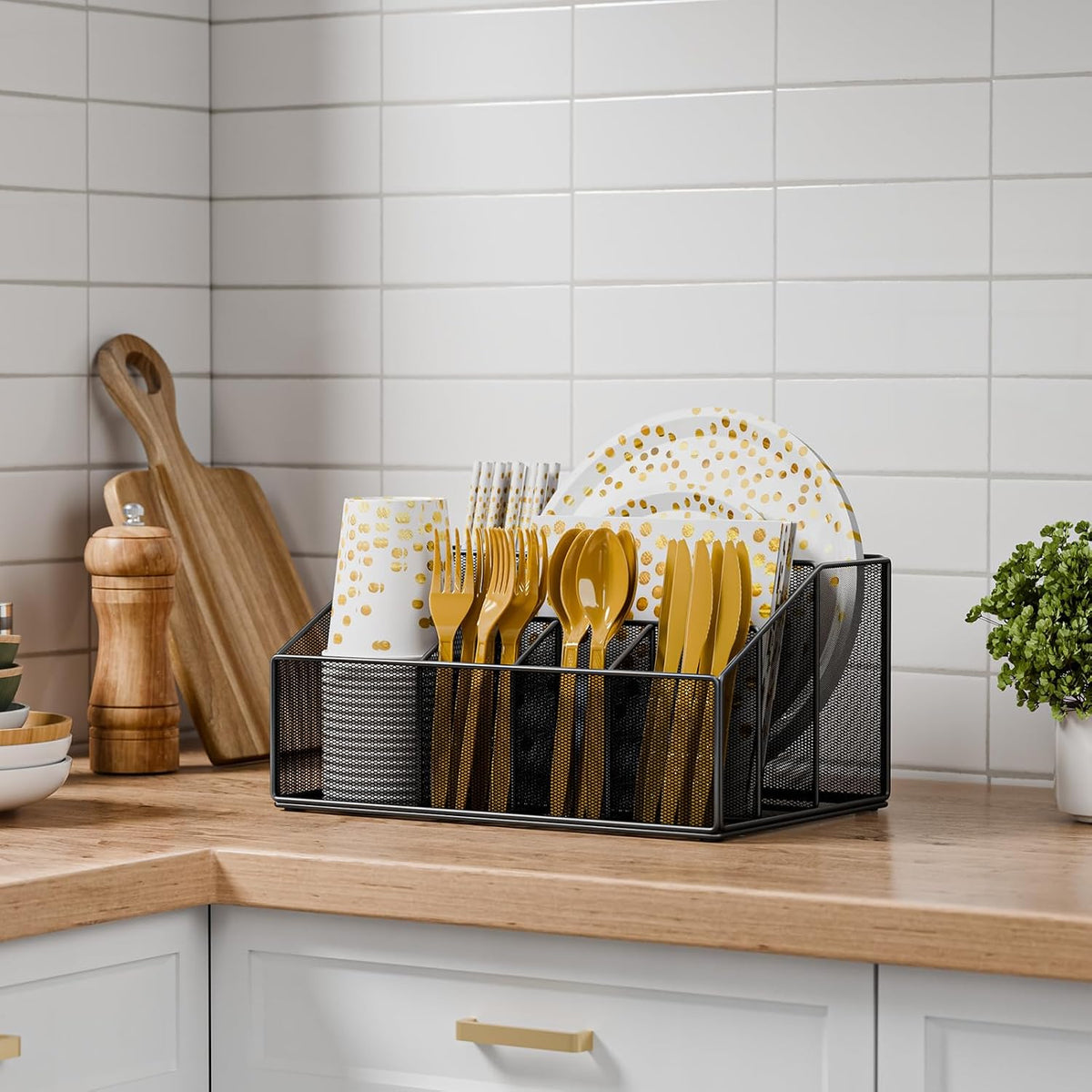 Metal Paper Plate Holders Dispenser, Disposable Paper Plate Utensils Holder for Parties, Napkin Cups-Silverware Cutlery Holders Caddy for Kitchen Counter, Black