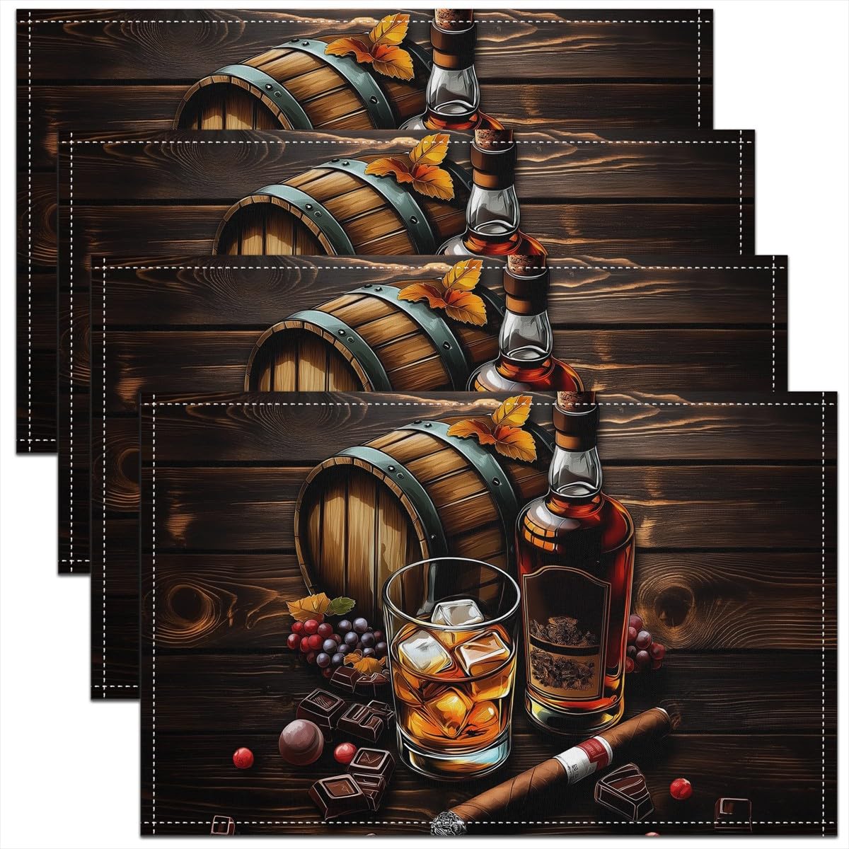 Whisky Placemats for Dining Table,Bar Wine Time Whisky Ice Glass Waterproof Table Place Mat for Party Decor,Rustic Brown Wooden Plank Retro Farmhouse 12"x18" Indoor Table Mats Set of 4