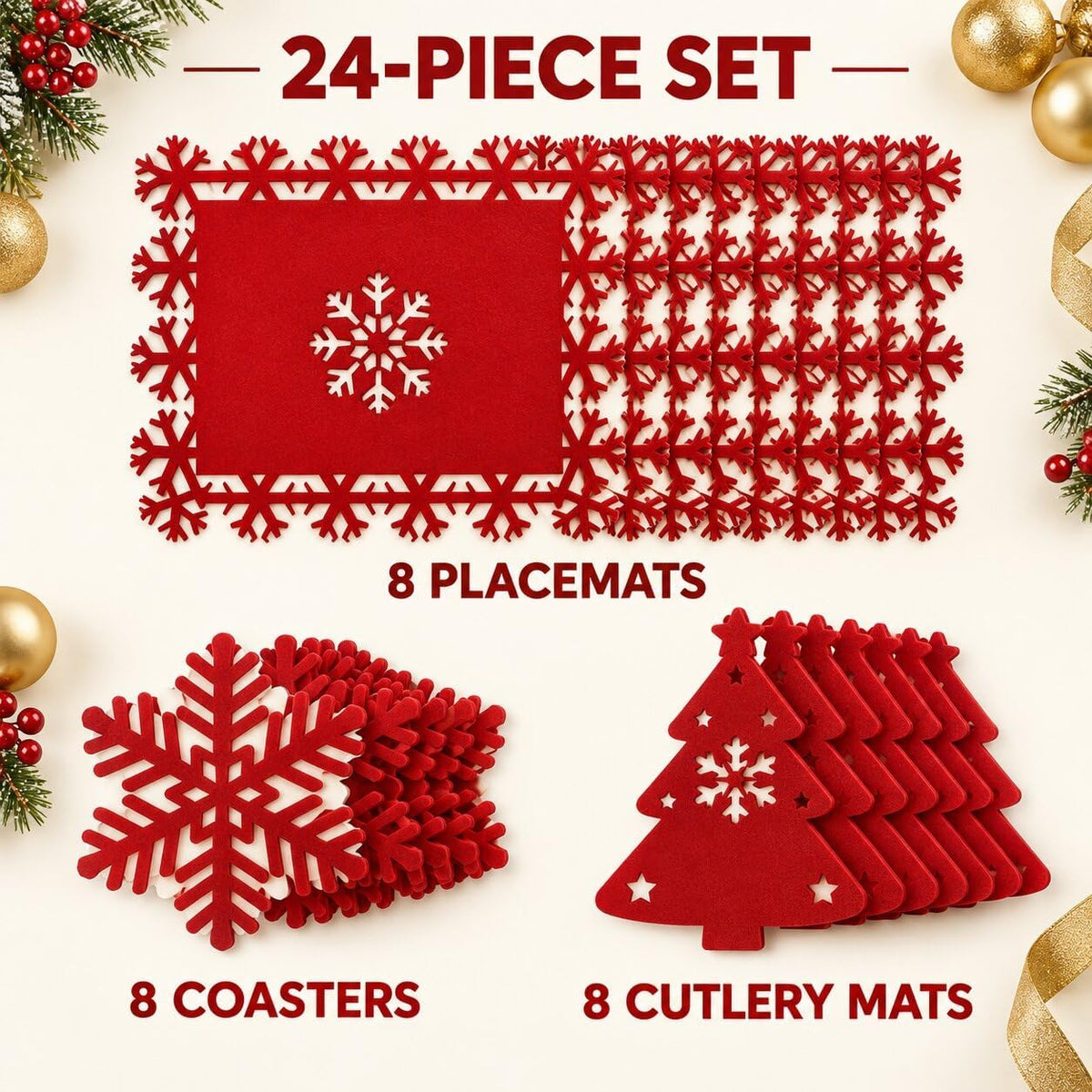 24 Pcs Red and Green Christmas Felt Place Mats and Coasters Set