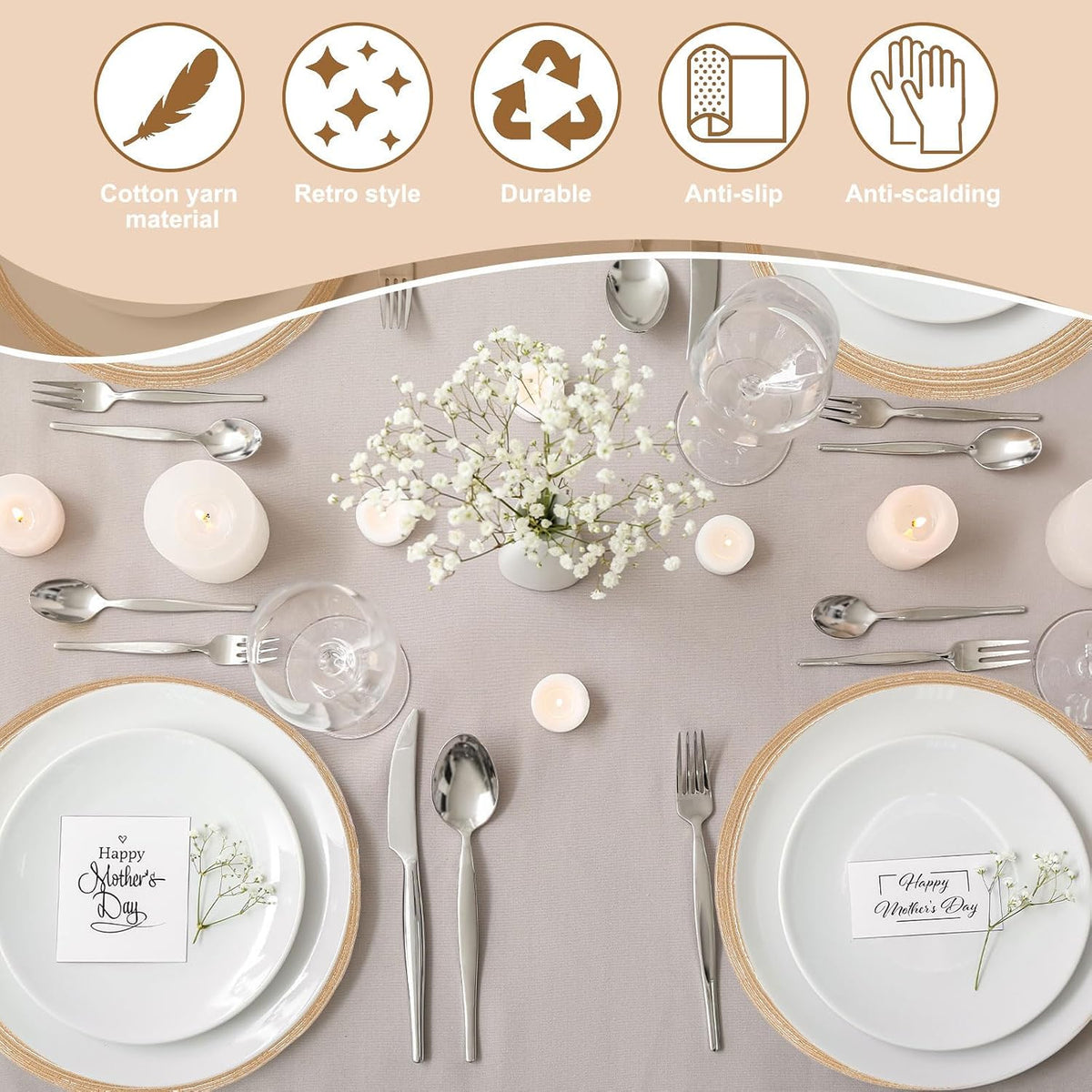 uxcell 8 Pcs Round Woven Placemats, 4.3 Inch Braided Washable Placemat Heat Resistant Decorative Place Mat for Kitchen Dining Table Countertop, Coffee/Khaki