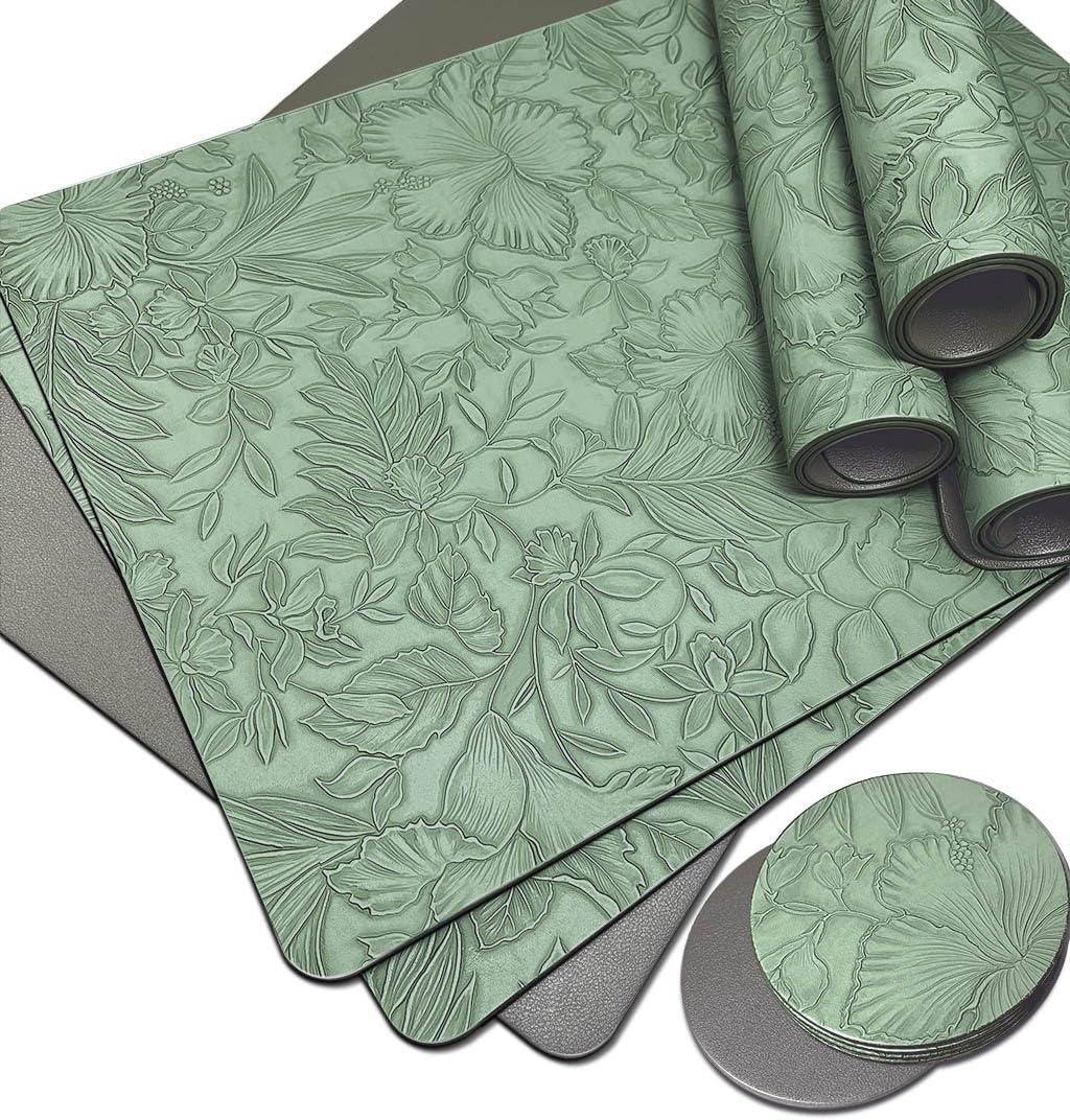 Elegant Placemats and Coasters Set 6, Vinyl Washable Place Mats with Non-Slip Stripes & Metallic Finish, Durable Dining Table Placemats Sets of 6, Dinner Table Mat with Coasters for Table Decor-Silver