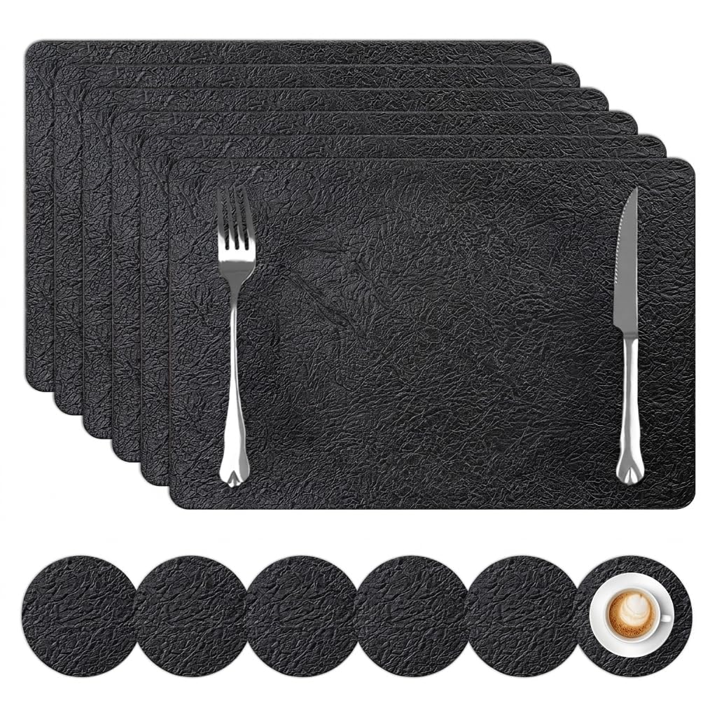 comfoyar Faux Leather Placemats Set of 6 with Coasters, 12x17inch Non-Slip Heat Resistant Dual-Sided Gold Crackled Place Mats, Washable Waterproof Table Mats for Kitchen Dining Party Table Decoration