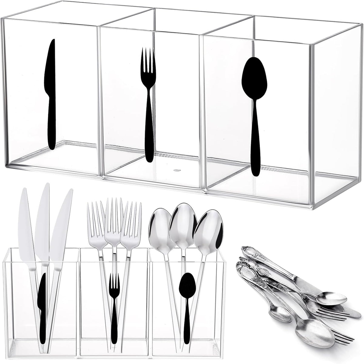 Suzile Acrylic Silverware utensil holder 3 Section,Rectangle,M,Clear