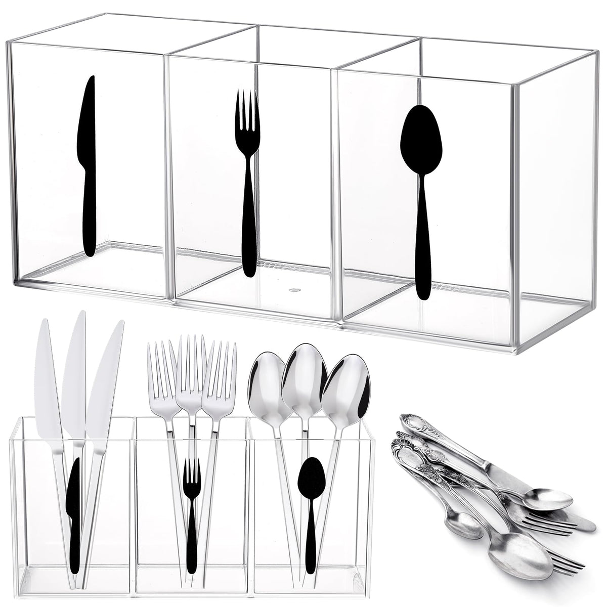 Suzile Acrylic Silverware utensil holder 3 Section,Rectangle,M,Clear