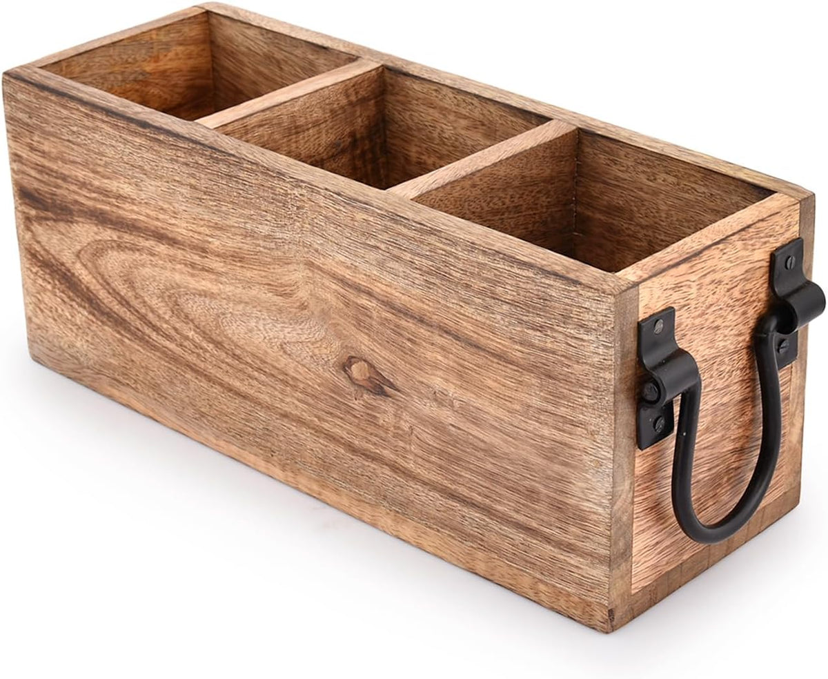 Samhita Mango Wood Cutlery Holder Caddy Organizer Wooden Utensil Storage Organizer Countertop for Silverware Fork Spoon Spatula 3 compartments (11" x 4" x 4.5")