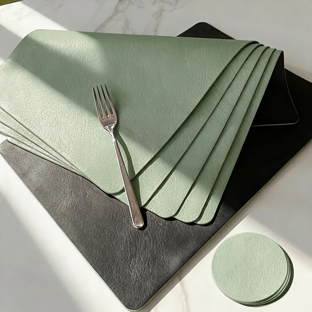 Elegant Placemats and Coasters Set 6, Vinyl Washable Place Mats with Non-Slip Stripes & Metallic Finish, Durable Dining Table Placemats Sets of 6, Dinner Table Mat with Coasters for Table Decor-Silver