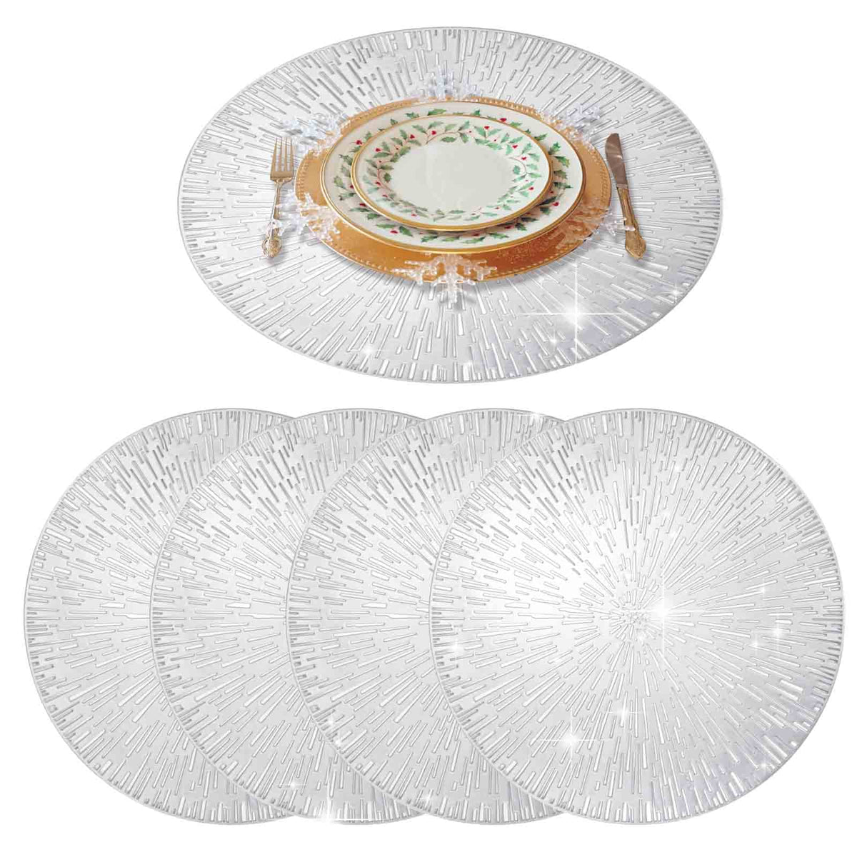 GIVERARE Placemats Set of 4, Round Heat-Resistant Vinyl Placemat, 15 inch Non-Slip Washable PVC Table Mat, Easy to Clean Premium Plastic Mats for Dining Table, Kitchen Table (Gold)