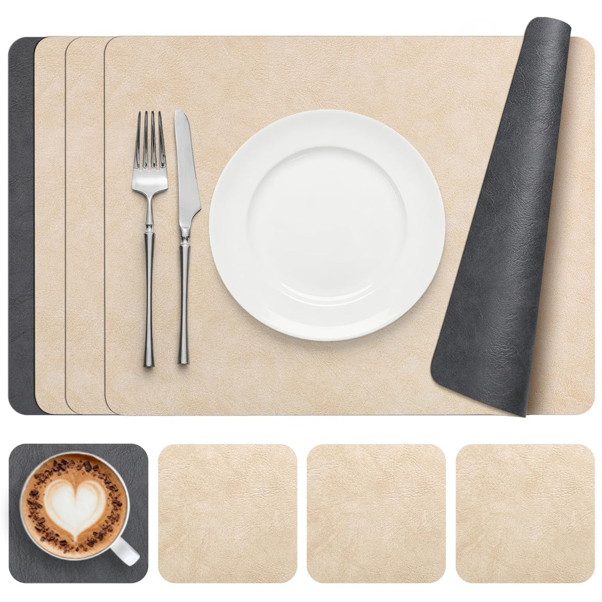 Vinyl Placemats Set of 6, Dual Sided Place Mats with Drink Coasters