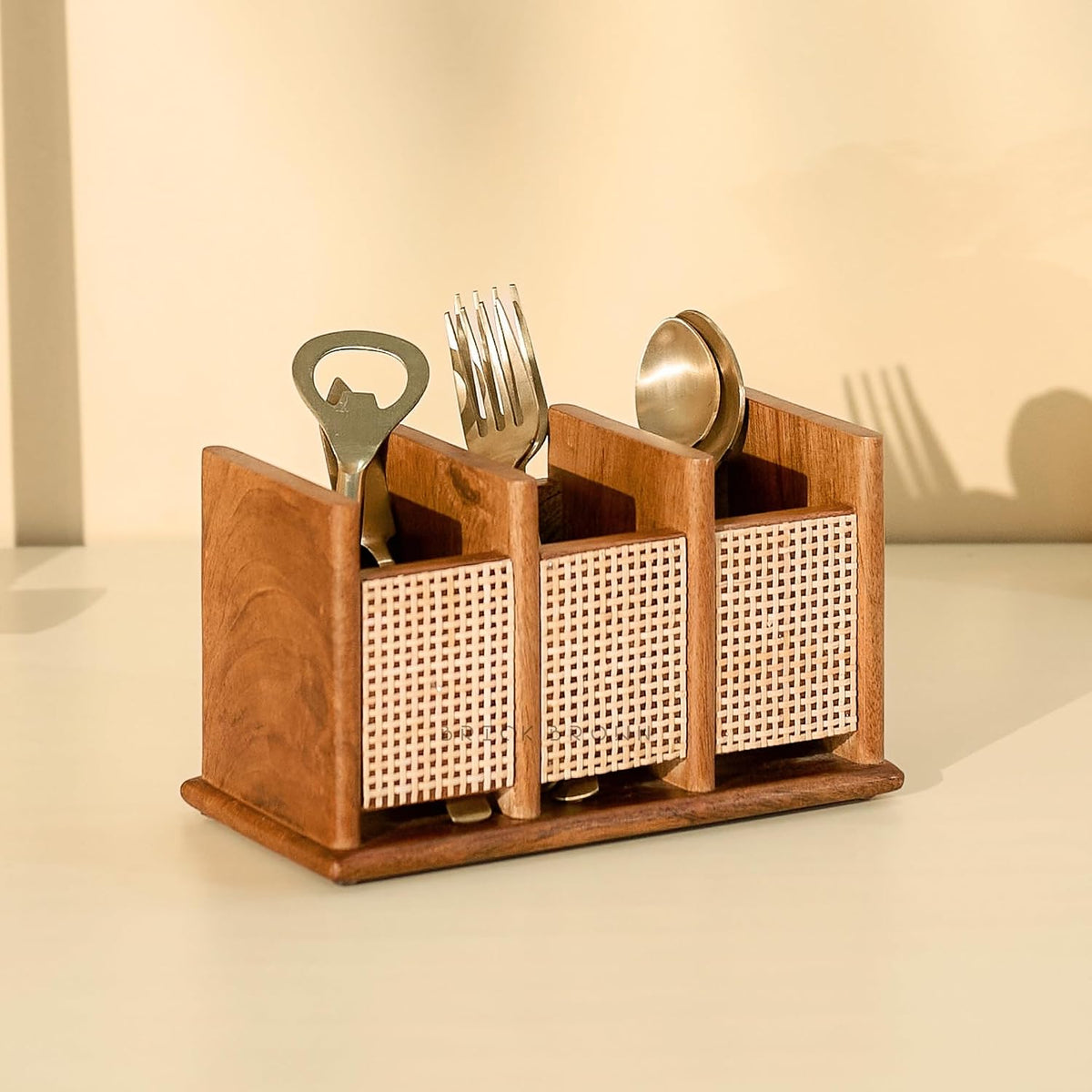 Brick Brown ® Premium Wooden Nora Cutlery Holder Spoon Stand for Kitchen | Cutlery holder for Dining table | Wooden Caddy Storage Organiser Stand with 3 Section Caddy Holder (8.4x4x4.7 inch)