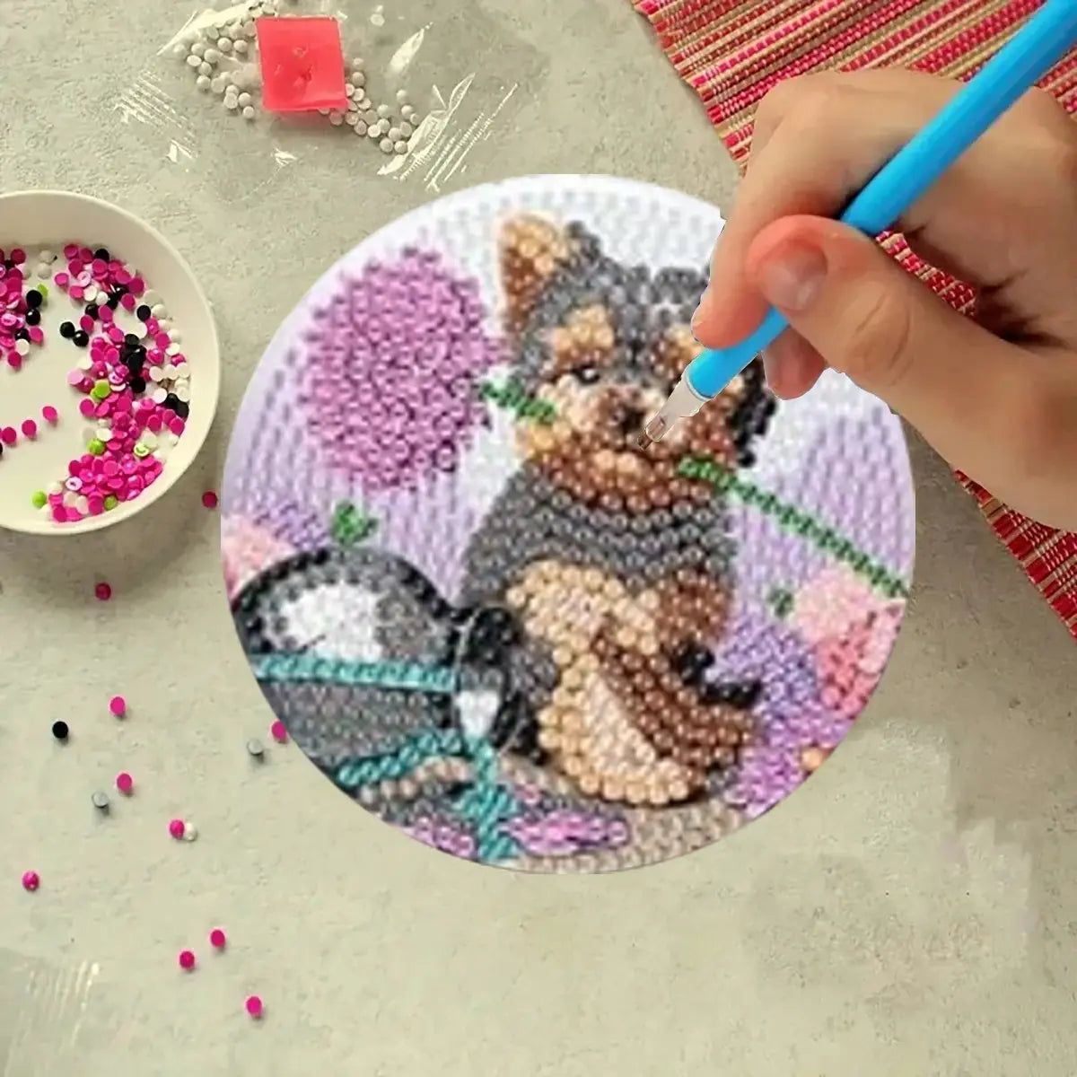 8 pieces/set of diamond painted coaster set with animal dog pattern coaster (with holder) - DIY diamond art craft kit for home decoration beginners, diamond craft supplies, artificial diamond art craft supplies gifts