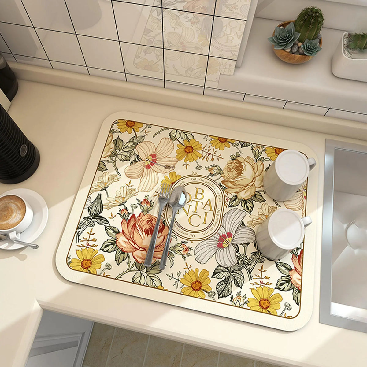 Floral Pattern Kitchen Countertop Mat, 1 Count Non-slip Water Absorbent Coffee Machine Mat, Household Table Mat for Home Kitchen Canteen Dining Room, Kitchen Decorative Placemat