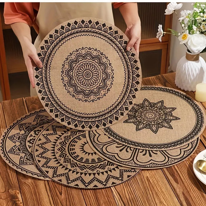 Bohemian Jute Print Round Non-Woven Fabric Table Placemats Set of 6 (15in) - Black PS Plastic-Linen Boho Placemats, Recyclable Machine-Washable Low-Fuss Home Supplies, Compact Storage French Country Decor