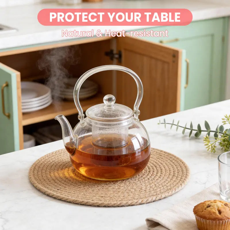 Handmade Round Boho Rattan Placemats Set of 8 - 12in Natural Braided Tableware with Handmade Texture, Heat Buffer Layer, Heat-Resistant, Eco-Friendly Round & Rustic Placemats & Coasters with Boho Braided Look for Kitchen, Patio Dining Tables