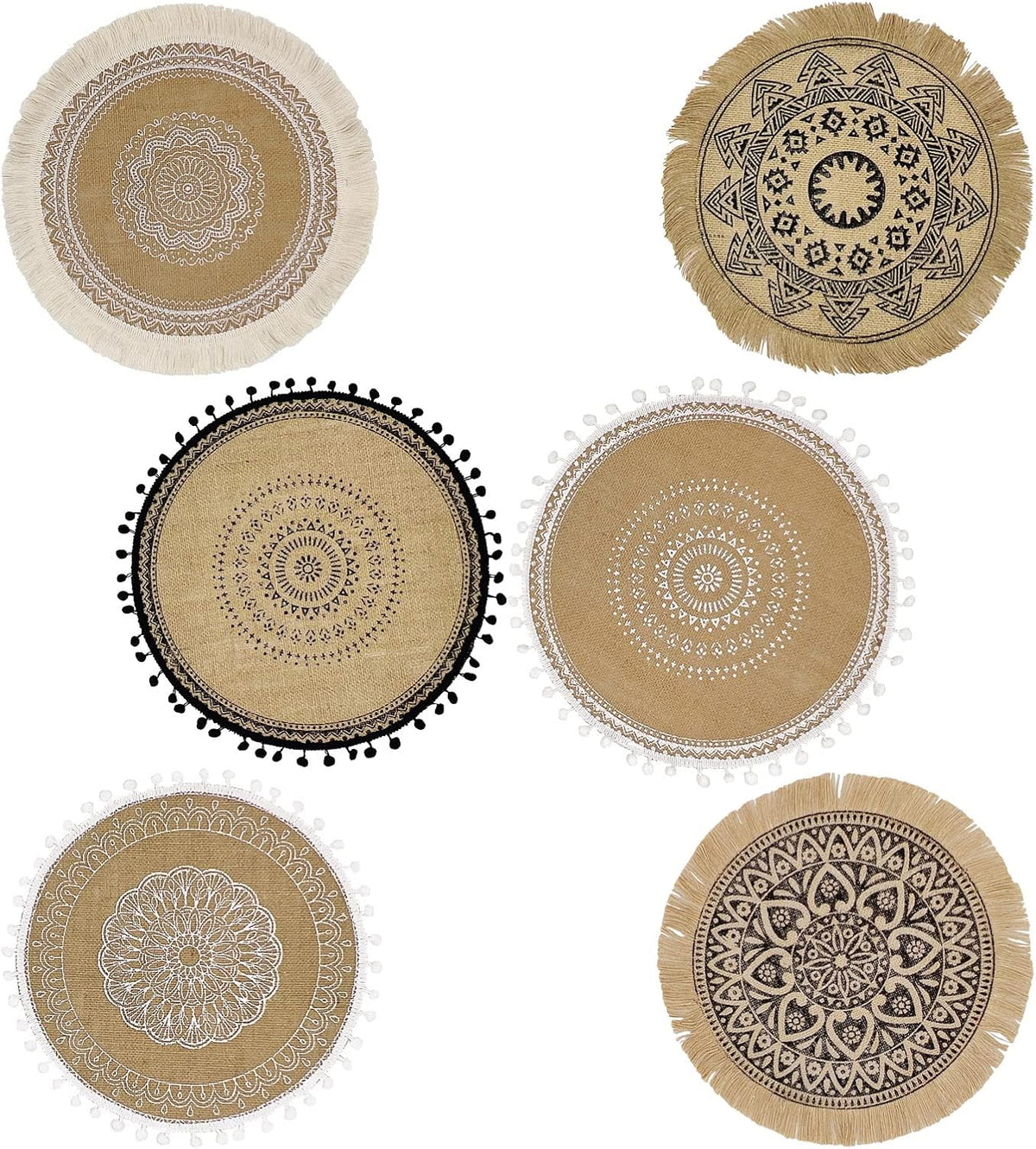 Round Placemats Set of 6, Dining Winter Modern Dinner Braided Beige Boho Round Table and Fall Circle Placemats Boho Tssels Runner Kitchen Table Plate Mats Set of 6 (Colour A)