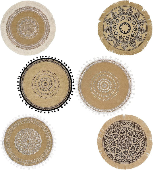 Round Placemats Set of 6, Dining Winter Modern Dinner Braided Beige Boho Round Table and Fall Circle Placemats Boho Tssels Runner Kitchen Table Plate Mats Set of 6 (Colour A)