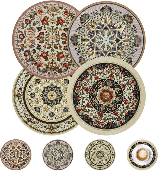 comfoyar Boho Round Placemats Set of 4 with 4 Coasters, 8.7 Inch Non-Slip Rubber Bohemia Place Mats, Vintage Style, Washable Absorbent Rustic Table Mats for Kitchen Dining Party Table Decoration