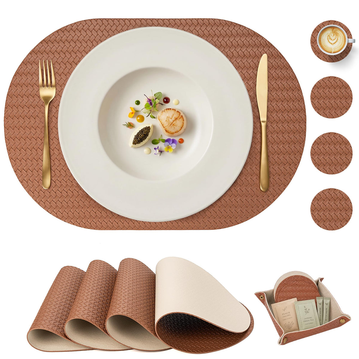 Woven Faux Leather Oval Placemats Set of 4/6 with Coasters & Tray, Heat Resistant, Non-Slip, Washable Dining Table Mats