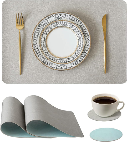 Reversible Faux Leather Placemats and Coasters Set of 4, 12x17 Inch – Hotel-Quality Heat Resistant & Waterproof Wipeable Table Mats, Non-Slip for Dining Kitchen (Mist Blue)