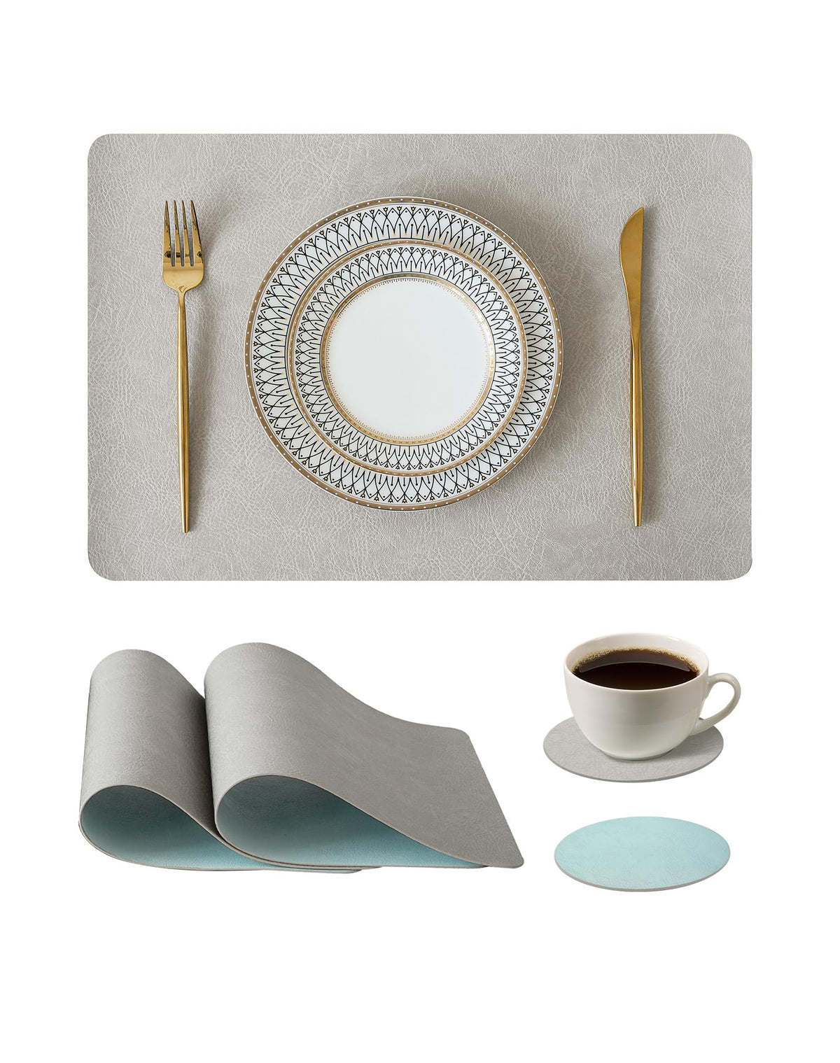 Reversible Faux Leather Placemats and Coasters Set of 4, 12x17 Inch – Hotel-Quality Heat Resistant & Waterproof Wipeable Table Mats, Non-Slip for Dining Kitchen (Mist Blue)