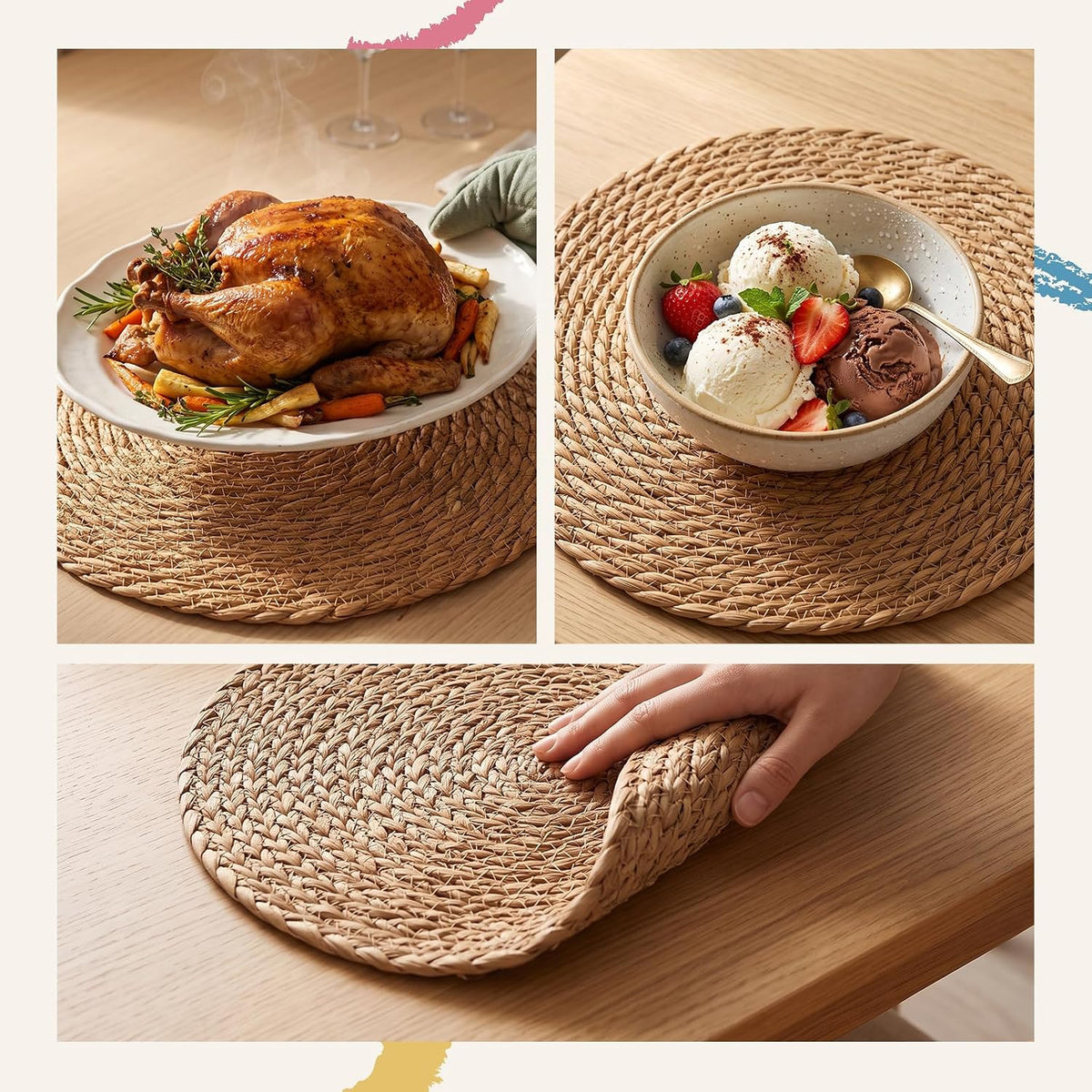 8 Pcs Woven Placemats - PAWFFEWE 13 in Round Natural Water Hyacinth Place Mats Coasters, Farmhouse Boho Straw Heat Resistant Outdoor Patio Rattan Wicker Table Mats for Dining Table,Home,Wedding