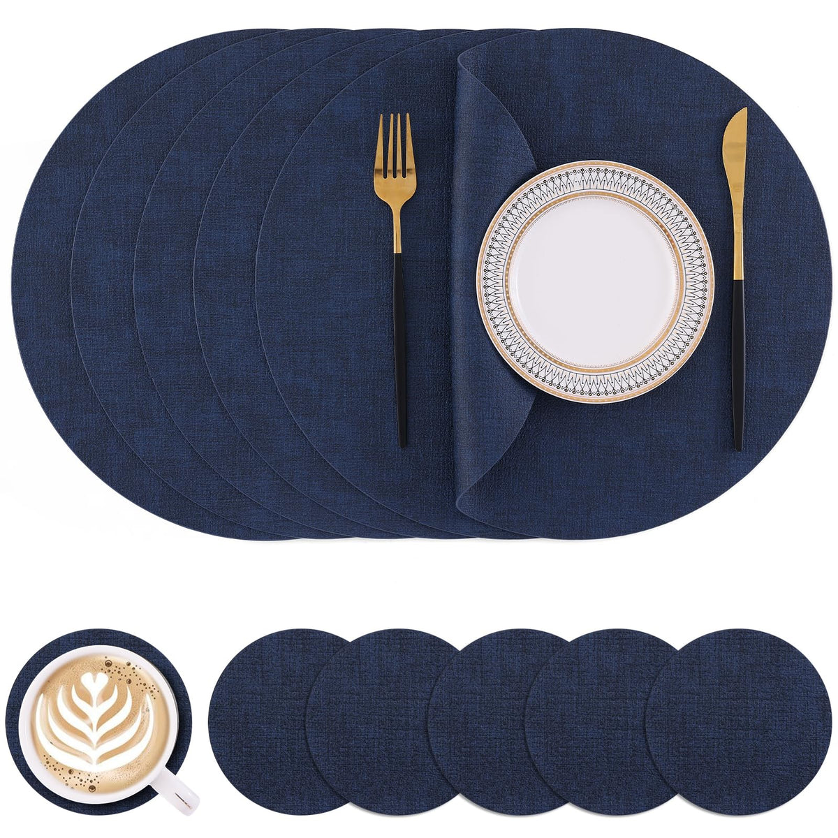 Homaxy Round Faux Leather Placemats and Coasters, Set of 6, Beige