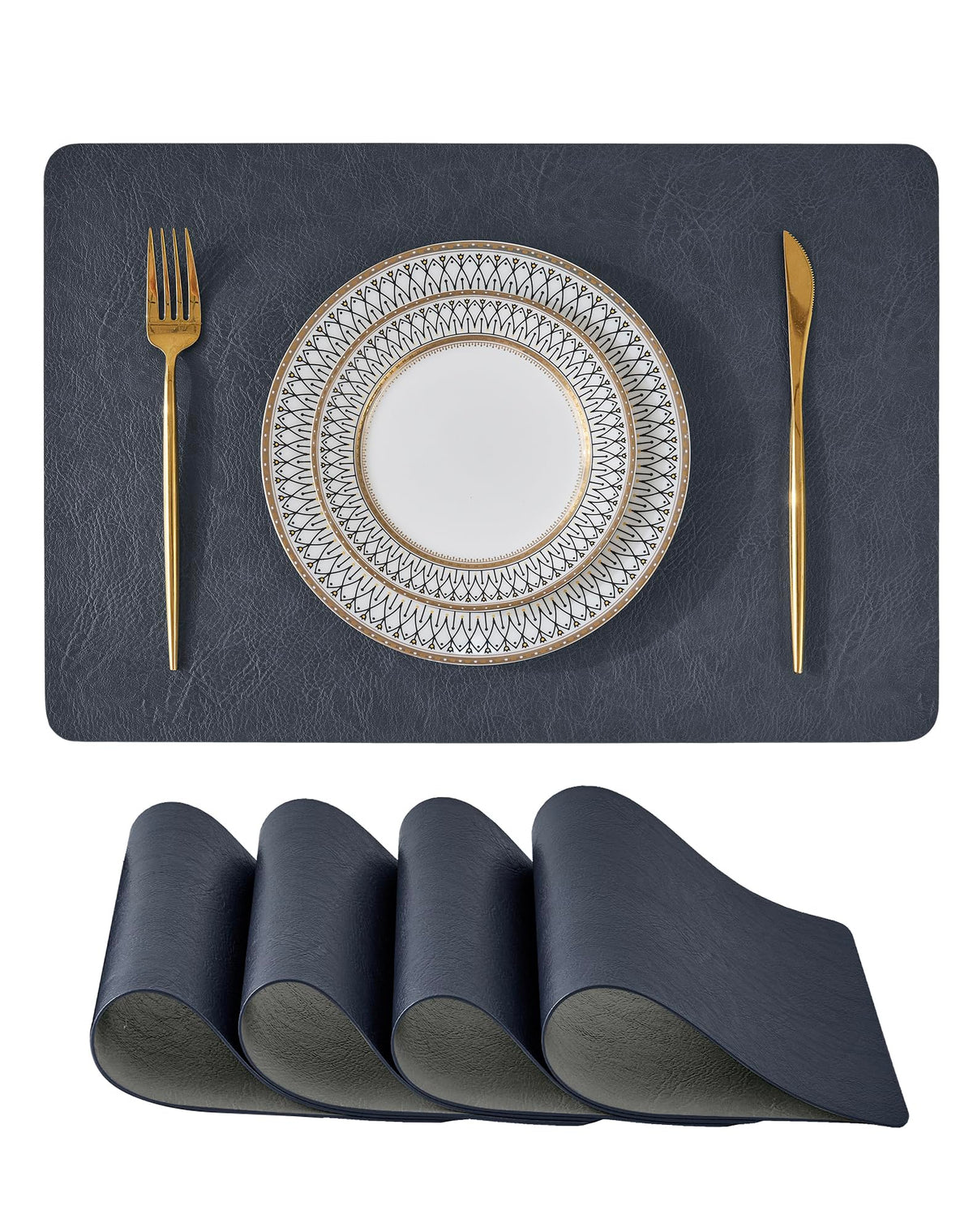 Reversible Faux Leather Placemats and Coasters Set of 4, 12x17 Inch – Hotel-Quality Heat Resistant & Waterproof Wipeable Table Mats, Non-Slip for Dining Kitchen (Mist Blue)
