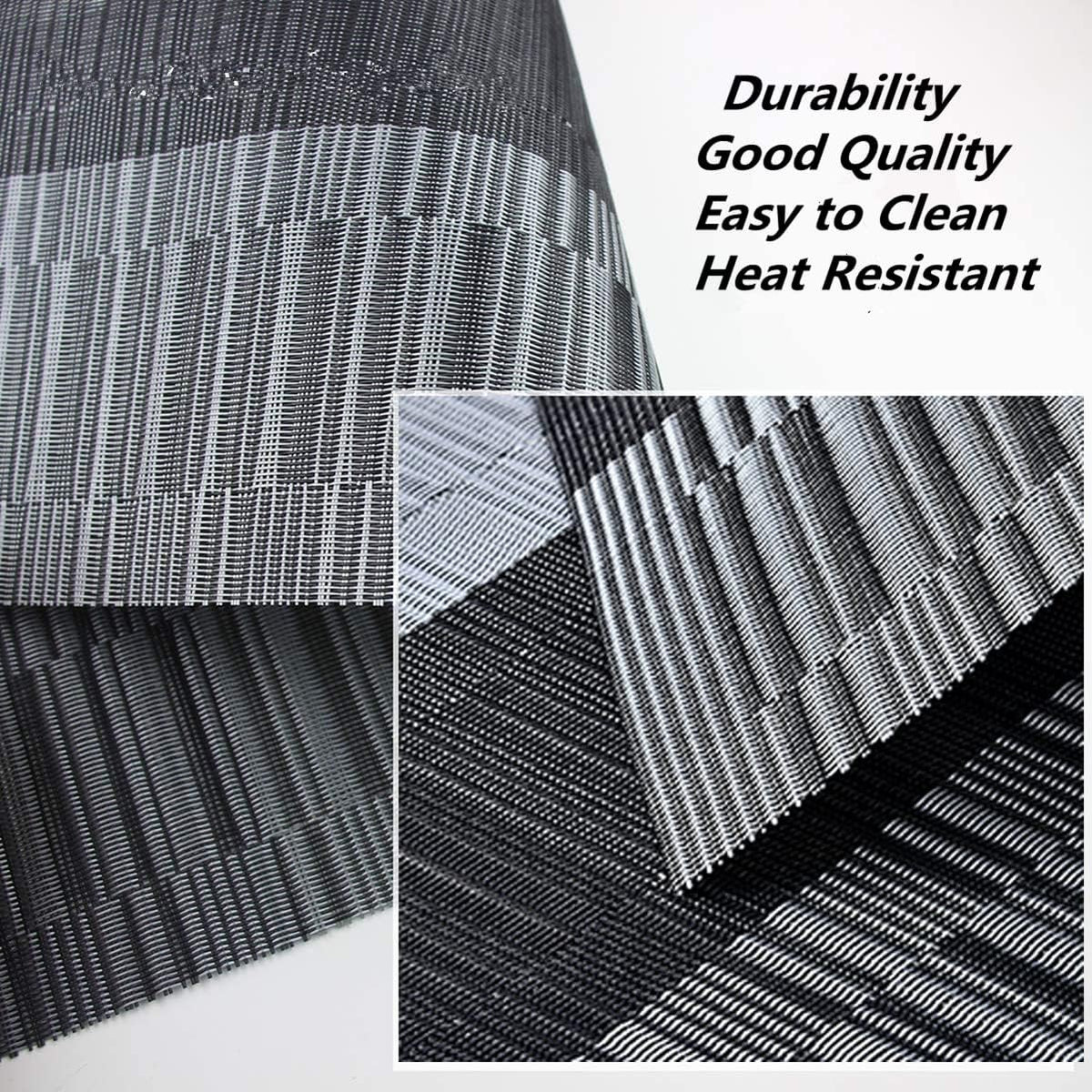 Placemats, Washable PVC Table Mats, Woven Vinyl Placemat for Dining Table Place Mats Set (6 Placemats and 1 Table Runner, Black and Grey)