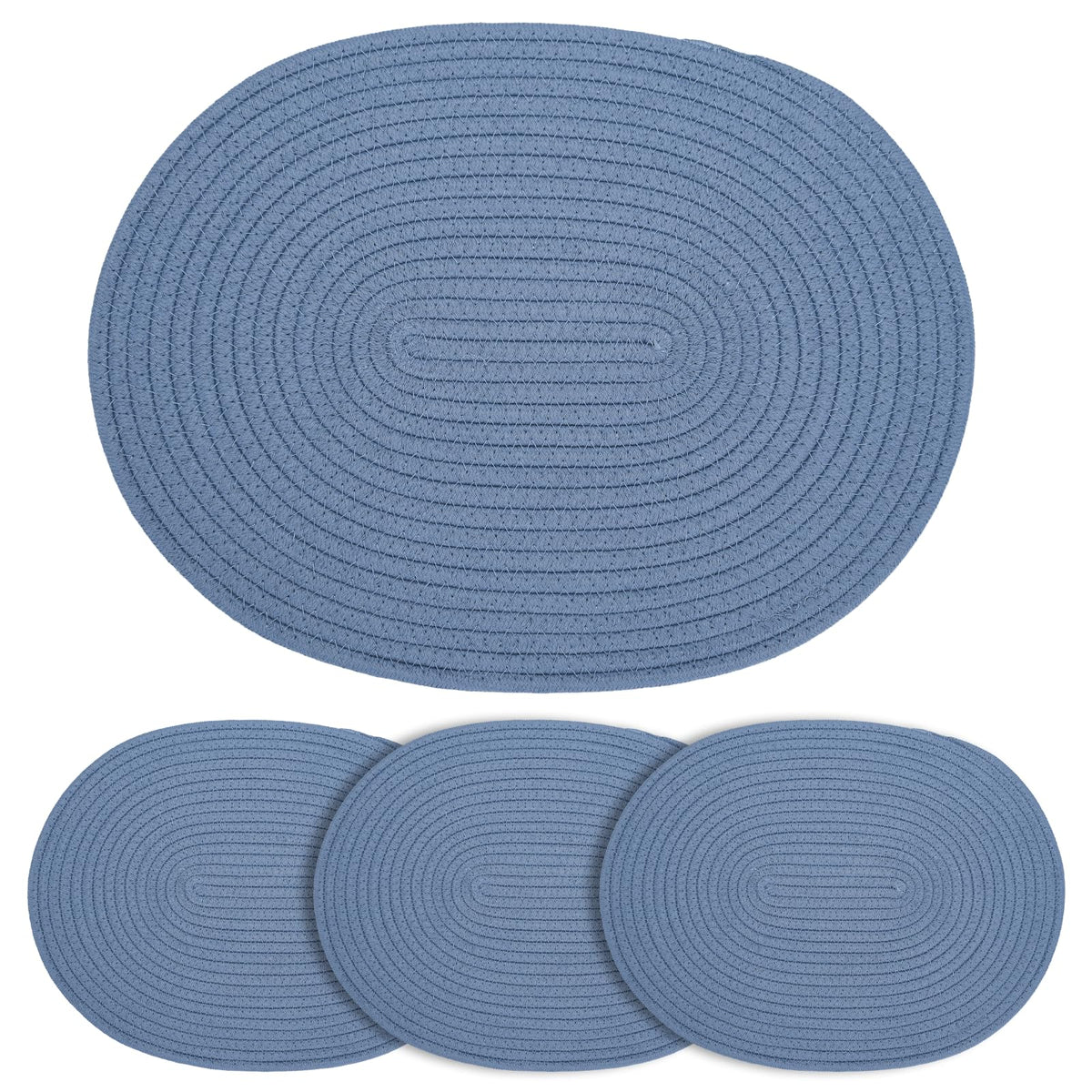 Oval Woven Cotton Placemats Set of 6, Thick Braided Rope Table Mats, 17 x 13 Inches Large Non Slip Heat Resistant Place Mats for Dining Table, Farmhouse Boho Hot Pads for Kitchen Decor (6, Black)