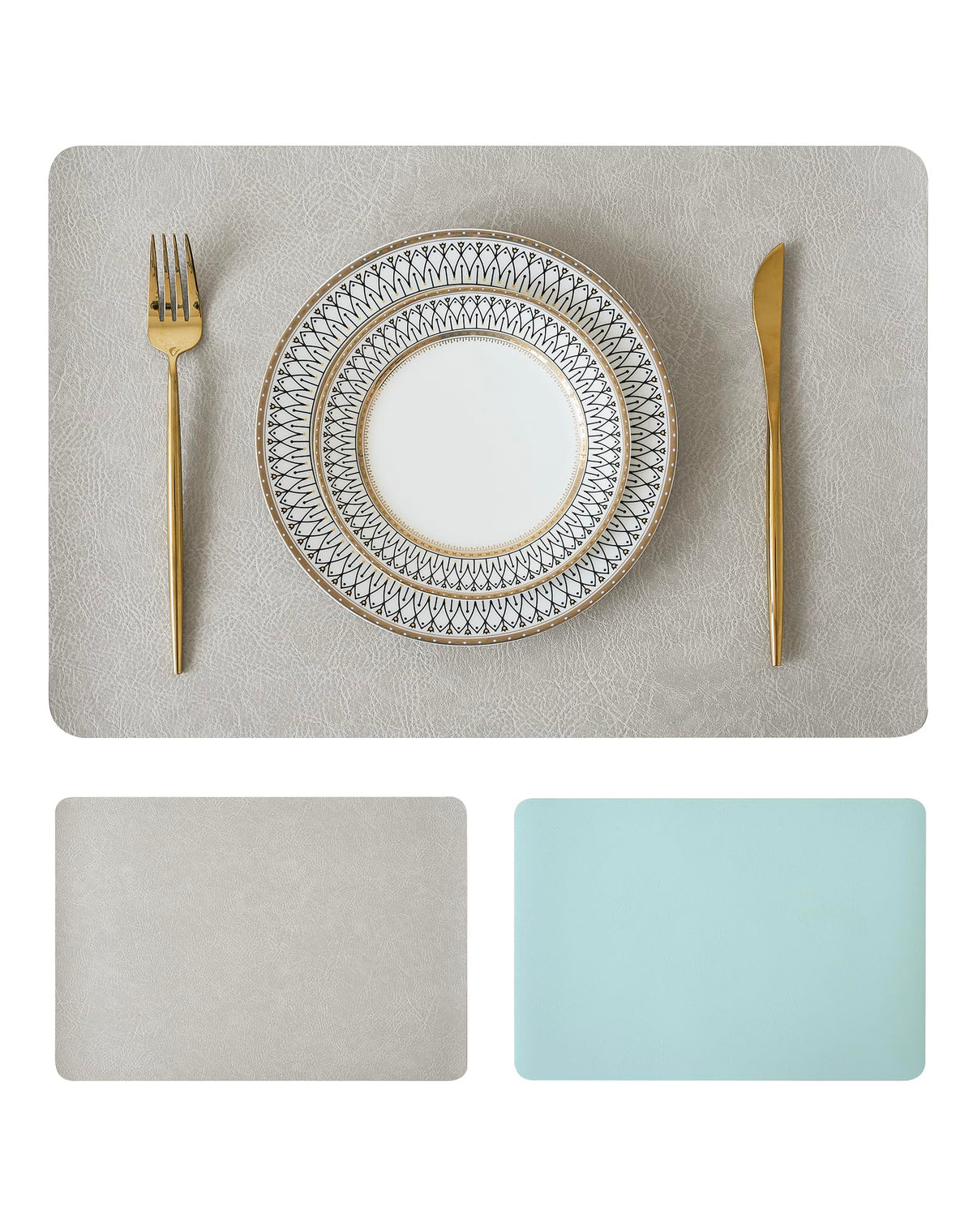 Reversible Faux Leather Placemats and Coasters Set of 4, 12x17 Inch – Hotel-Quality Heat Resistant & Waterproof Wipeable Table Mats, Non-Slip for Dining Kitchen (Mist Blue)